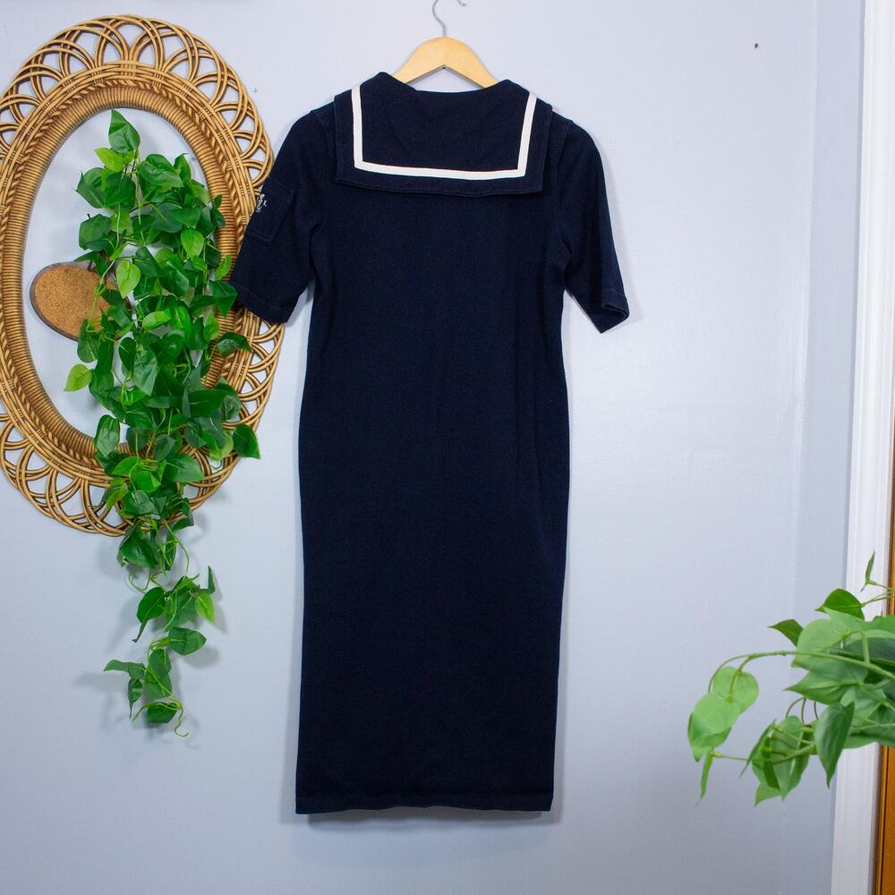 Navy Sailor Collar Cotton Maxi Dress Nautical Classic Vtg | True Summer - Picture 2 of 8